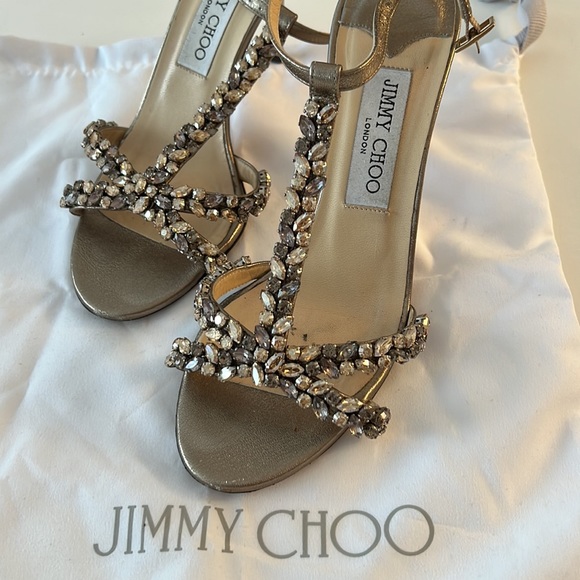 Jimmy Choo High Metal Heels with Crystals Cocktail Sandals Evening Shoes 37.5 - Picture 9 of 11